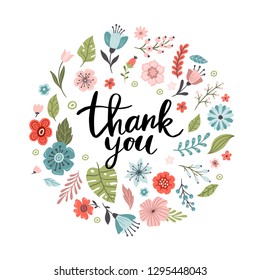 Cheerful hand-drawn round banner with flowers. Floral vector illustration with text Thank You. Great for sell-out, website, flyer, postcard, print or banner.