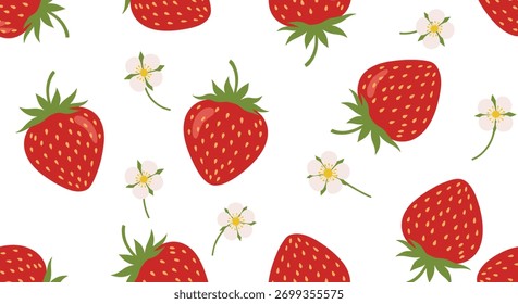 Um padrão suave, desenhado à mão, sem emenda, com morangos vermelhos brilhantes e delicadas flores de morango branco em um fundo branco nítido.
