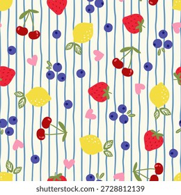 Cheerful hand-drawn seamless pattern featuring organic blue vertical stripes adorned with vibrant berries, lemons, and pink hearts on a bright background. Perfect for summer textiles, nursery decor, and cute stationery design
