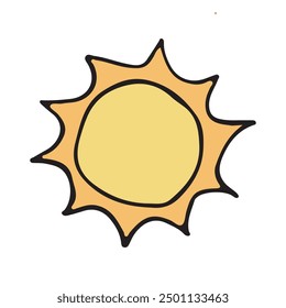 A cheerful, hand-drawn sun illustration with vibrant yellow and orange colors. The simple and playful design captures the essence of a bright, sunny day, perfect for summer-themed projects.