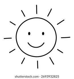 A cheerful, hand-drawn sun with a smiling face and radiating lines on a plain white background.