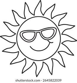 A cheerful, hand-drawn sun wearing sunglasses, with a smiling face and rays. This playful illustration is isolated on a clean white background, perfect for summer themes.