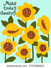 Alegres girasoles dibujados a mano con un mensaje Inspiradora