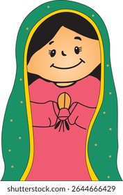 A cheerful, hand-drawn vector illustration of Our Lady of Guadalupe in a cute, cartoon style. The image features a smiling Virgin Mary wearing a pink robe and green mantle adorned with golden stars, h