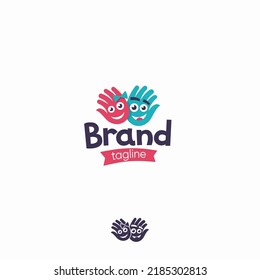 Cheerful hands children vector logo face smile boy girl bow