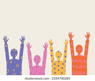 Cheerful hands vector illustration  isolated background.Group of people raised joyful hands, diversity of multiethnic people, racial equality,harmony, friendship, party. Design element for print, card