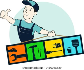 Cheerful handyman and repair tool. Design for repair and service