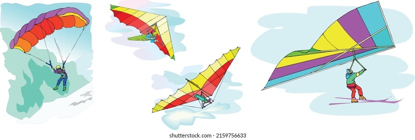 Cheerful Hang Gliding Tandem Flying In Sky. Extreme Outdoors Sport Activity, Sky Diving Sportsman Flying Paraplane Cartoon Flat Vector Illustration