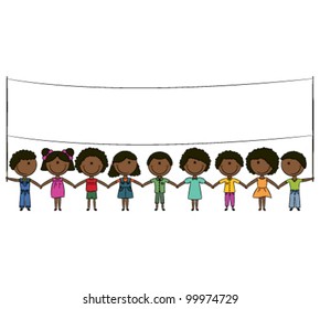 Cheerful happy African-American kids holding empty blank banner