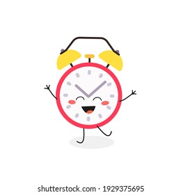 Cheerful happy alarm clock cartoon character. Vector flat illustration isolated on white background 