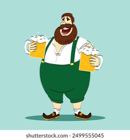 Hombre barbudo feliz alegre en ropa tradicional bávara que sostiene dos tazas de cerveza espumosas contra fondo azul claro. Concepto de Oktoberfest, festival, vacaciones, cervecería. Ilustración vectorial