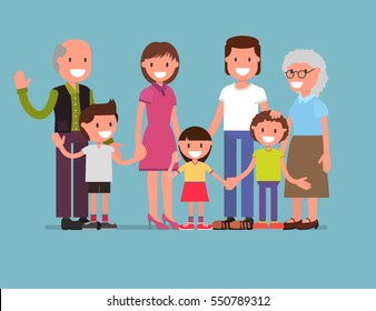 cheerful happy big family, mom, dad, son, daughter. Parents and children, grandfather, grandmother, the older generation. Vector illustration. flat design style