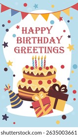  cheerful "Happy Birthday" card illustrations, perfect for celebrating birthdays. The designs showcase decorated birthday cakes with candles, colorful balloons, wrapped gifts, confetti banners