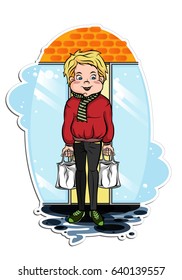 Cheerful and happy  blond boy left the store boy with packages in hands. Cute guy blond in the red sweater.Vector image isolated on white background.