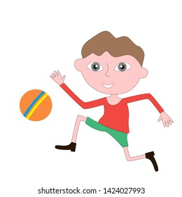 A cheerful and happy boy runs after the ball isolated by a white background.