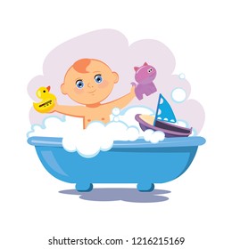 A cheerful, happy boy, takes a bath, with toys, duck, a cat, a ship. Vector, illustration