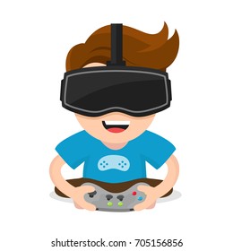 Cheerful Happy Boy Young Man Hold Joystick Plays Video Game In Vr Glasses.Vector Flat Modern Style Illustration Character Icon Design. Isolated On White Background.  Virtual Reality Gamer Vr Concept