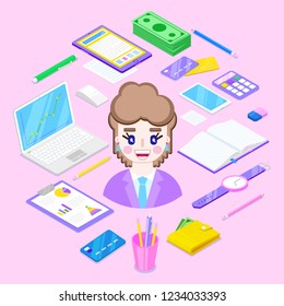 Cheerful and happy businesswoman and office stationary on pink background.Vector illustration.