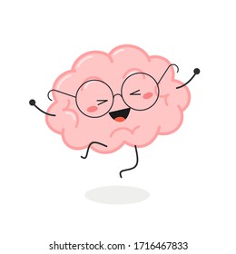 Cheerful happy cartoon brain in eyeglasses jumping for joy. Vector flat illustration isolated on white background 