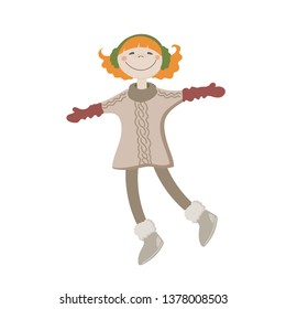Cheerful happy cartoon girl. Happiness and joyful emotions. Autumn or winter character. 