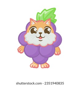Cheerful happy cat in a grape costume, cartoon vector illustration