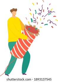 Cheerful happy character hold christmas cracker, male xmas mood cartoon vector illustration, isolated on white. Concept holiday festival, man with fireworks celebrate new year weekend.