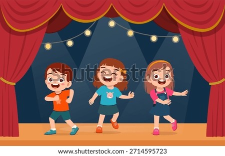Cheerful happy children dancing on a brightly lit stage with red curtains performing with joy and smile