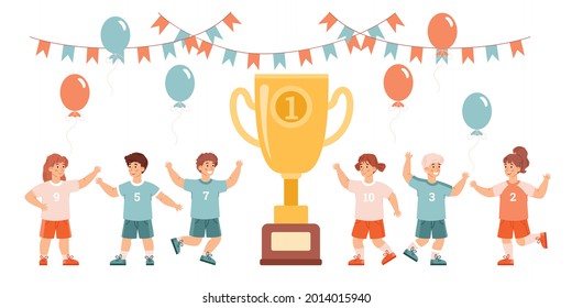 Cheerful happy children near huge golden trophy cup, flat vector illustration isolated on white background. Kids sport team celebrating victory and success.