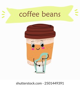 Cheerful happy coffee bean characters with coffee cup, vector mascot icons. Funny cute coffee beans with with various activities, hand drawn vector illustration. 