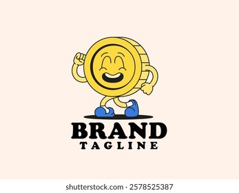 Cheerful happy coin cartoon logo hand drawn retro mascot character vector for financial services, gaming companies, and educational tools related to money management