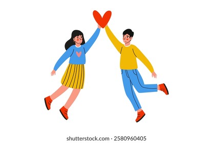 A Cheerful and Happy Couple Holding a Heart in a Colorful Illustration that Represents Love