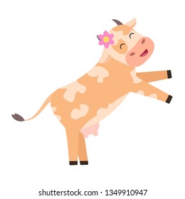 Cheerful, happy cow is having fun, standing on its hind legs. farm animal. Cute character. Isolated vector illustration