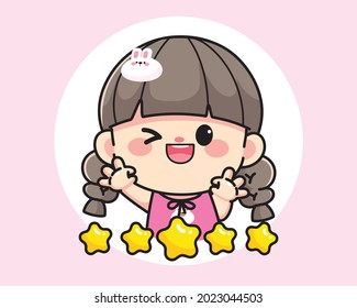 Cheerful happy cute girl showing ok sign for product reviews logo hand drawn cartoon art illustration