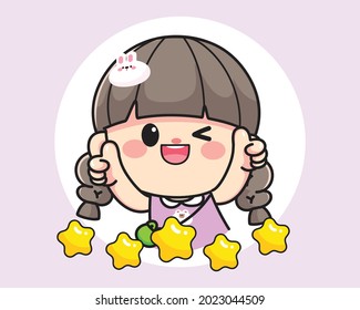 Cheerful happy cute girl showing thumb up for product reviews logo hand drawn cartoon art illustration
