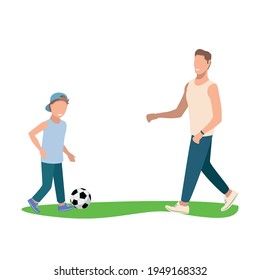 Cheerful and happy dads with their son play football. Father's day vector illustration isolated on white background.