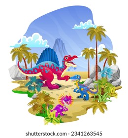 Cheerful Happy of Dinosaurs Group in the Nature