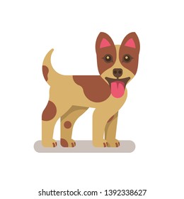 Cheerful happy dog with his tongue hanging out. Yellow dog with brown spots. Puppy flat icon. Cartoon stylle. Vector illustration. Isolated on white background.