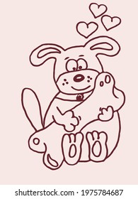 cheerful and happy dog sits with a bone in its paws