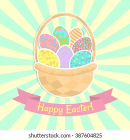 Cheerful Happy Easter Card, with a basket with eggs.