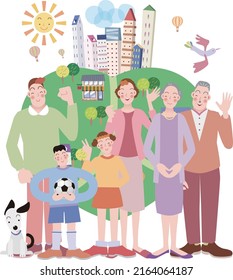 A cheerful and happy family all posing together with the cityscape in the background.vector illustration
