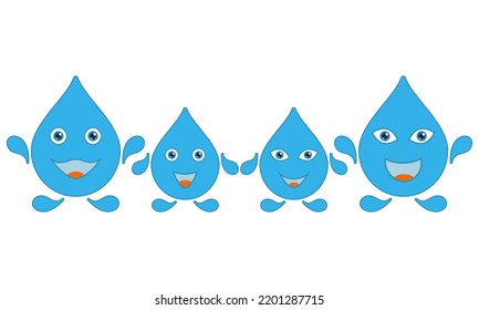 Cheerful happy family with children from blue water droplets. Cute smiling drops of water with faces. Mom and dad, son and daughter. Set of vector illustrations.