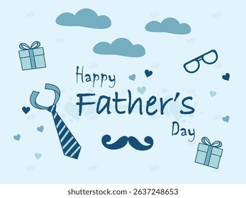 A cheerful "Happy Father's Day" greeting with playful blue icons like a tie, mustache, glasses, and gift boxes on a light blue background. Ideal for celebration designs.