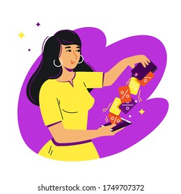 Cheerful happy girl adds plastic discount cards to online wallet. Modern trendy bright flat vector illustration.