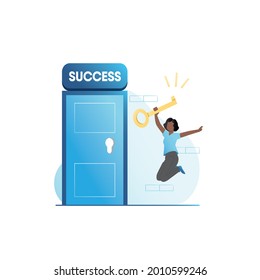 Cheerful, happy girl jumps for joy with large, golden key with access to secret door of success, future. Woman knows, she has found where her happiness is.  Right decision, opportunity. Discoveries.