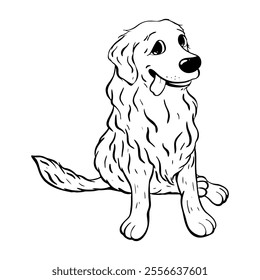 A cheerful and happy Golden Retriever dog is sitting playfully with a joyful expression.Vector sketch illustration. Pet shop