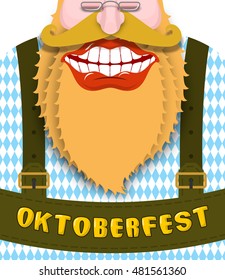 Cheerful and happy grandfather with red beard. Green strap Bavarian traditional national costume. Broad smile. Big red lips and white teeth. Illustration of Oktoberfest. Folk Festival in Germany
