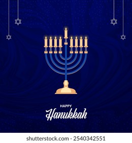 A Cheerful Happy Hanukkah greeting.A greeting with an Glowing Menorah on a Blue Background.