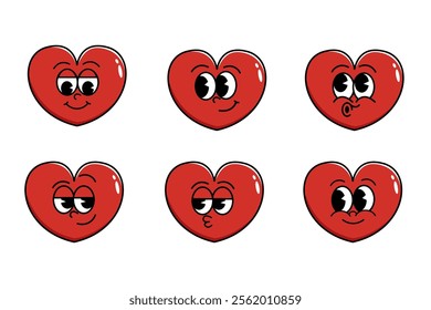 Cheerful happy heart character in trendy retro style of 60s 70s. Love concept. Happy Valentine's Day. Cute set of vector emoji retro expressions.