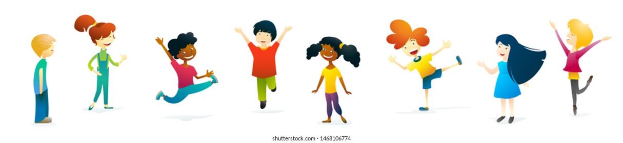 Cheerful happy joyful smiling boys and girls isolated on white background. Panorama happy kids. White, black and chinese children. Eps 10 vector cartoon illustration.