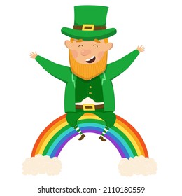 Cheerful and happy leperchaun sits on a colorful rainbow. St.Patrick 's Day. Vector Illustration on a white background. Red-haired leprechaun in a green national costume